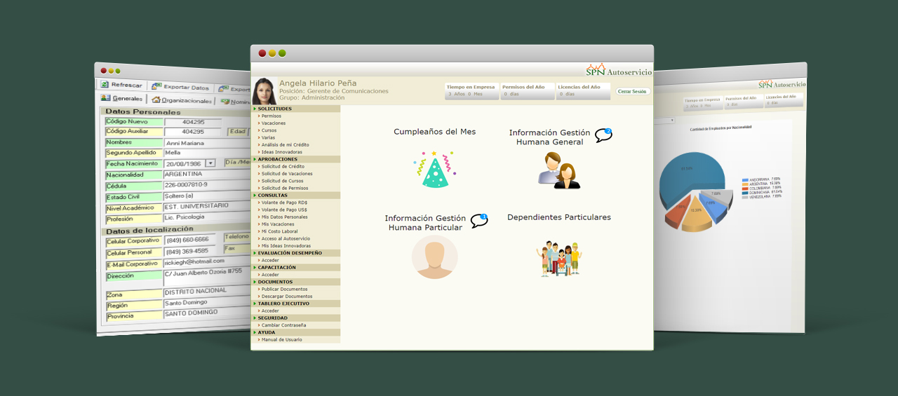 Pantallas de SPN Software: expediente del colaborador y portal de autoservicio